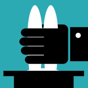 Flat vector illustration. Magician pulls a rabbit out of a hat.