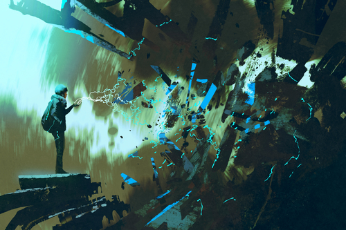 woman with electricity light bolt breaking the wall,illustration painting